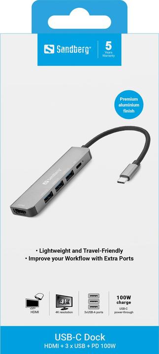 Produktbild Sandberg USB-C Dock HDMI+3xUSB+PD (USB-C, 3 Ports)