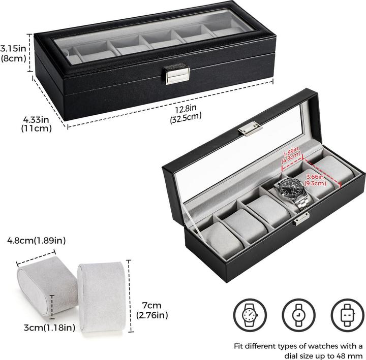 Produktbild Only-Bags.Store Uhrenbox mit 6 Fächern, Uhrenbox mit Glasdeckel, Uhrenkoffer mit Uhrenkissen, Uhrenaufbewahrung