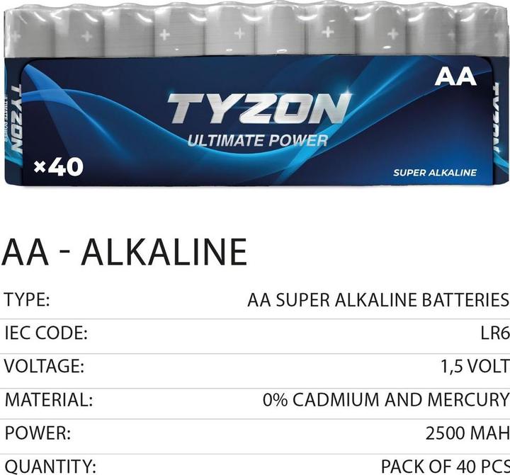 Produktbild Tyzon 1.5 V Aa Alkaline Batteries, 40 Pcs (40 Stk., AA, 2500 mAh)