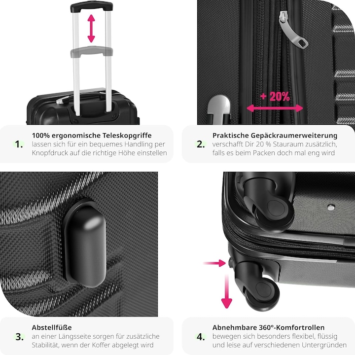 Produktbild tectake Hartschalenkoffer Set (106 l, Handgepäck (bis 50l), M (50 - 90l), L (90 - 115l), XL (ab 115l))