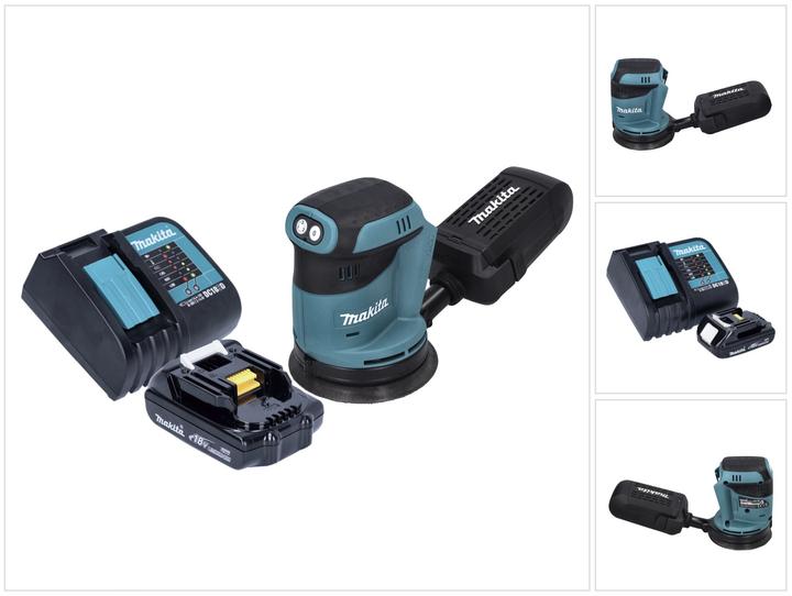 1x Makita DBO 180 Akku Exzenterschleifer, 1x Schleifpapier, 1x Staubsammelaufsatz, 1x Makita BL 1815 N Akku 18 V 1,5 Ah, 1x Makita DC 18 SD Akku Ladegerät