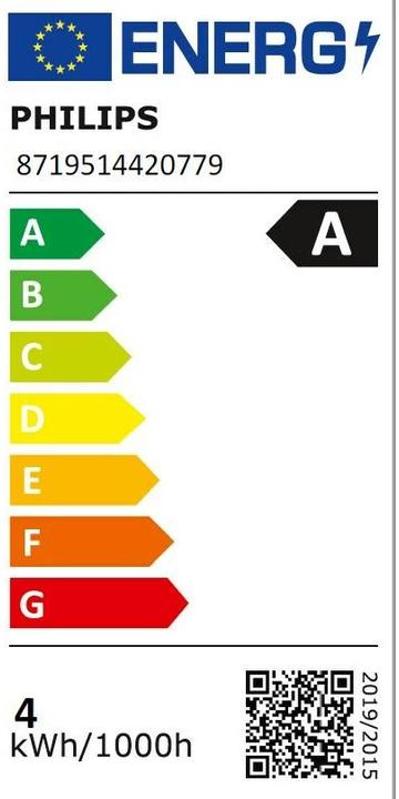Label énergétique Philips Lampe LED en forme d'ampoule E27 4 watts claire blanc chaud Filament (E27, 4 W, 840 lm, 1 x, A)