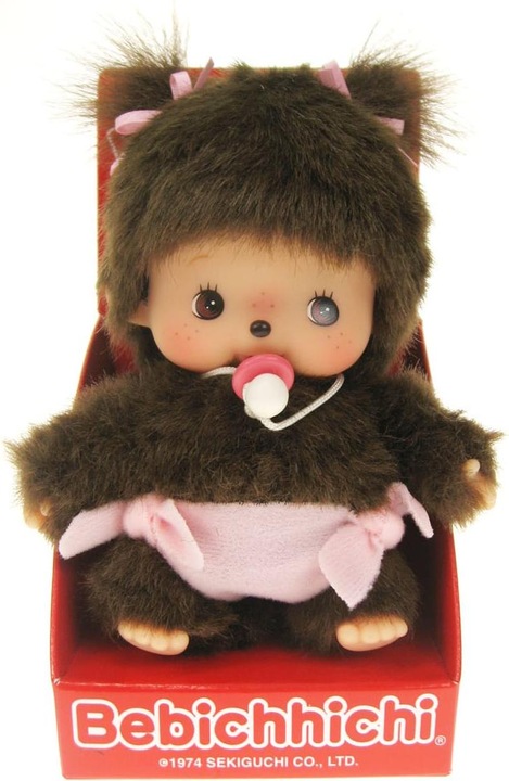 Produktbild Monchhichi Sekiguchi 235380 Original Bebichhichi Mädchen, aus braunem Plüsch, mit Windel und Zöpfen mit Schleif (20 cm)