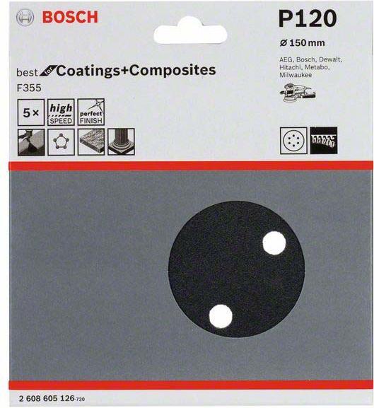 Image du produit Bosch Professional Zubehör PRO F355 Feuille abrasive, 150 mm, G120 (120)