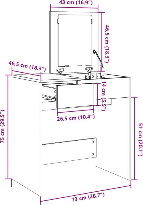Produktbild vidaXL Schminktisch (73 x 46.50 x 75 cm)