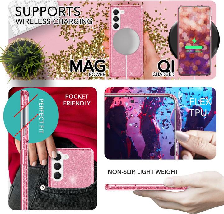 Immagine prodotto Nalia Cover in silicone glitterato con 2x protezioni per lo schermo (Samsung Galaxy S23+)