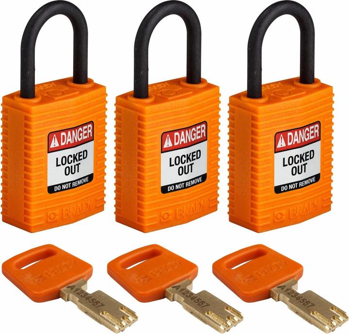 Actual product image Brady Safekey compact nylon safety lock with nylon shackle, orange, 25 mm shackle height, 4.3 mm B