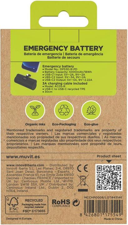 Immagine prodotto Muvit Powerbank for Change DP53D-R-PD Schwarz 5000 mAh (5000 mAh, 20 W)