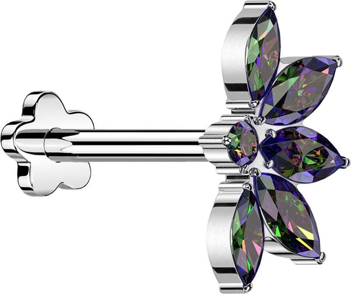 Produktbild Star Piercing Micro Threadless Labret Blume silber halbe Lotusblume silber Kristalle dunkel multicolor (ohne Messing, Titan)