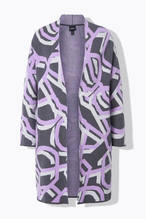Produktbild Ulla Popken Long-Strickjacke, grafisches Muster, offen, Stehkragen (54)