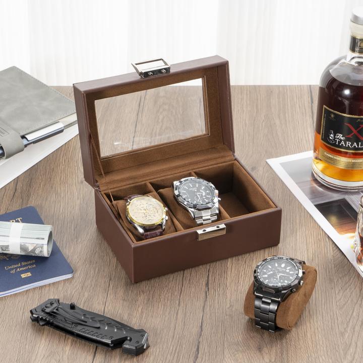 Produktbild Only-Bags.Store Uhrenbox mit 3 Fächern, Uhrenbox mit Glasdeckel, Uhrenkoffer mit Uhrenkissen