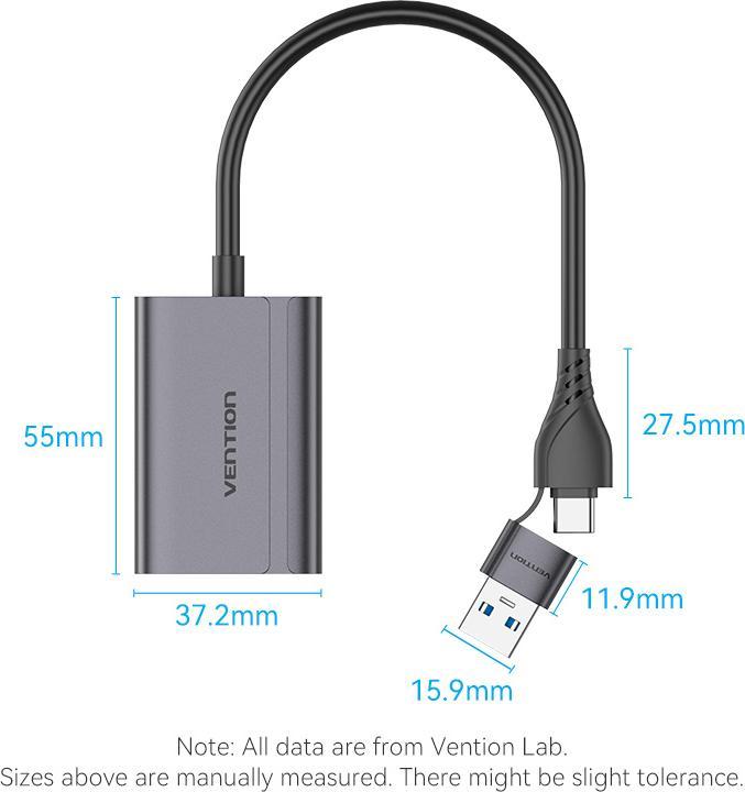 Produktbild Vention USB-C + USB-A to HDMI Adapter 0.15M Gray Aluminium Alloy Type (HDMI, USB Typ-C, USB-A, 15 cm)