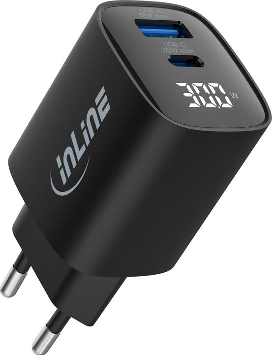 Produktbild InLine USB PD Netzteil, GaN Ladegerät, 2-Port, USB-C + USB-A, 30W, mit Display, schwarz (30 W, 2 Ports)