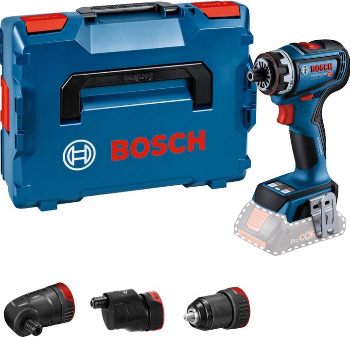 ohne Akku, GSR 18V-90 FC, L-BOXX 136, Einlage für L-BOXX 136, Winkelaufsatz GFA 18-W Professional, Exzenteraufsatz GFA 18-E Professional, Metallbohrfutteraufsatz für Bohrfutter GFA 18-M Professional