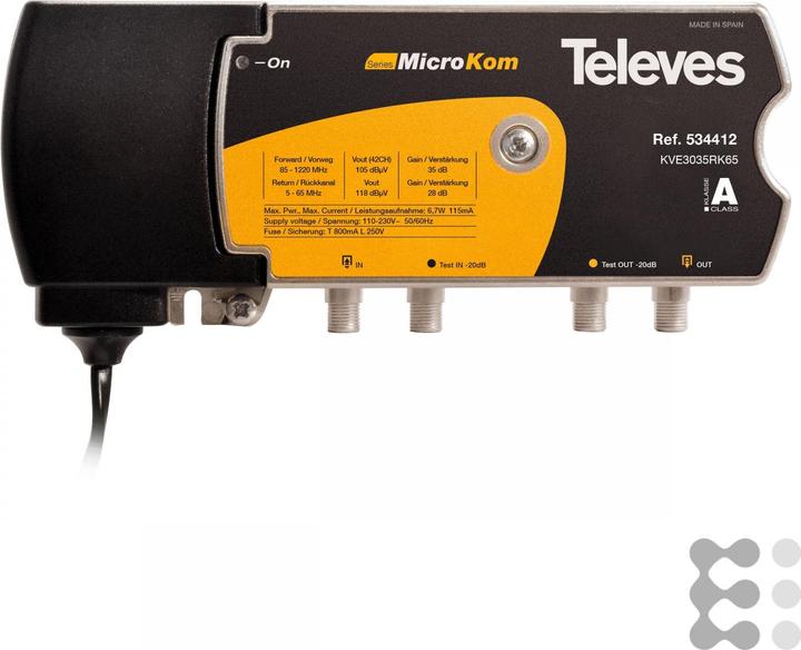 Actual product image Televes KVE3035RK65 BK amplifier 30/35dB w.RK 5-65MHz 28dB