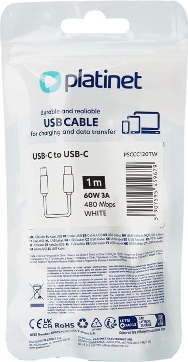 Produktbild Platinet USB-C zu USB-C 60W Kabel 1m Weiss (1 m, USB 2.0)