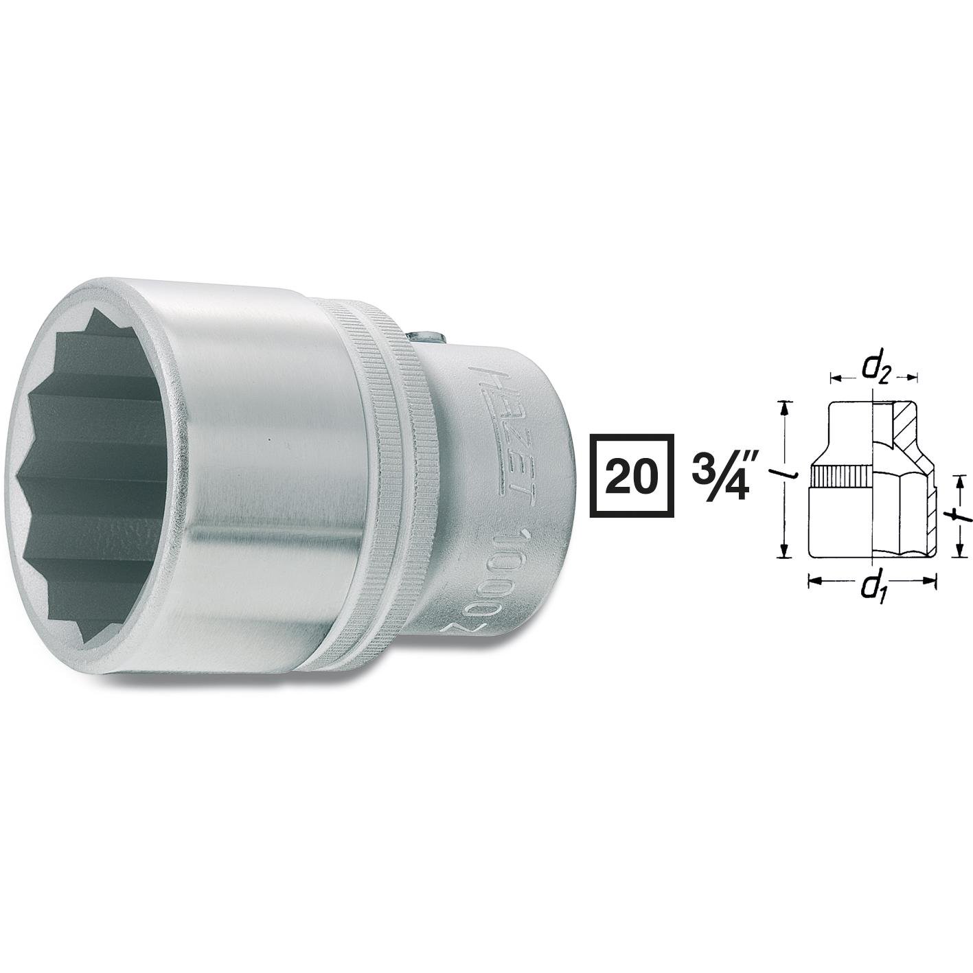 HAZET, Steckschlüssel + Stecknuss, Steckschlüsseleinsatz ∙ Doppelsechskant 1000AZ-1.1/16 ∙ Vierkant20 mm (3/4 Zoll) ∙ Au...