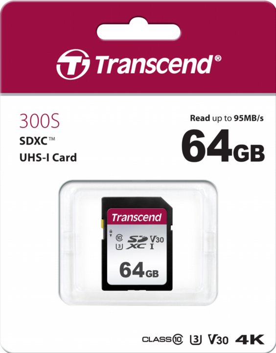 Actual product image Transcend SDXC 300S 64GB Class 10 UHS-I U1 (64 GB, SDXC, U3, UHS-I)