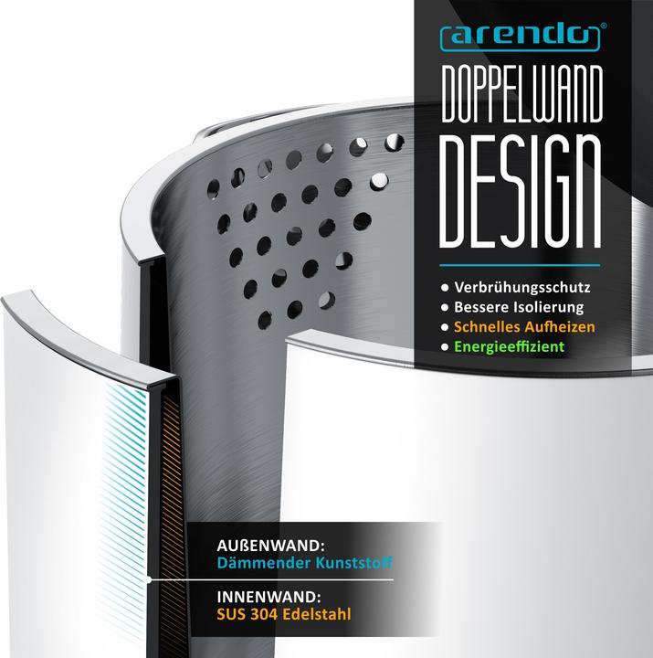 Produktbild Arendo Wasserkocher 1,5 L, Edelstahl, Doppelwand-Design, 360° Controller, weiss matt, 2000 W, Teekocher (1.50 l)