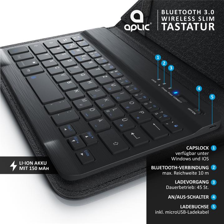Produktbild Aplic Tablet Tastatur, Bluetooth, Kunstledercase für 7-8" Tablets, flaches & kompaktes Format (DE, 7 - 8" Tablets)