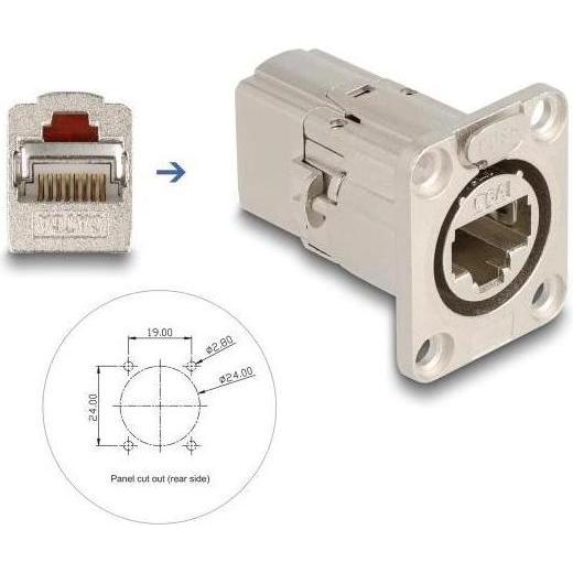 Delock D-Typ RJ45 Einbaubuchse / Kupplung Cat.6A STP Metall, Server Zubehör, Silber