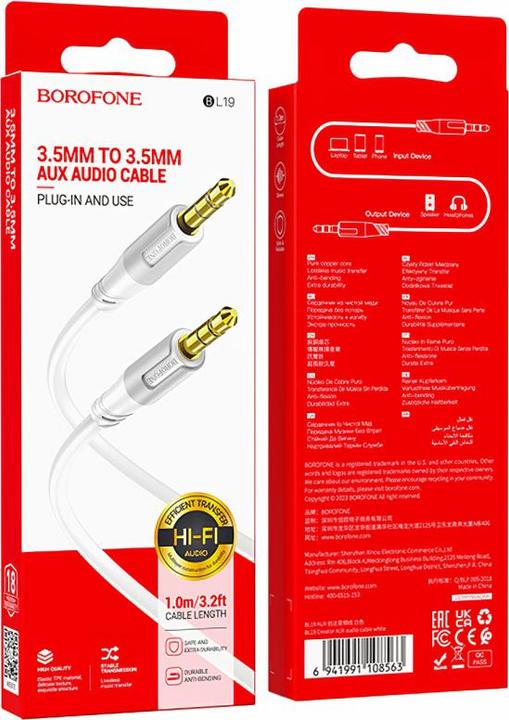 Immagine prodotto Borofone AUX-Kabel BL19 Creator - Klinke 3,5 mm auf Klinke 3,5 mm - 1 Meter weiss (1 m, Connettore da 3,5 mm (AUX))