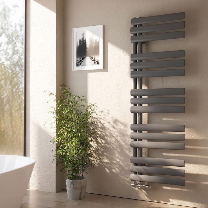 Actual product image Emke Electric Bathroom Radiator, 1430x400mm - Anthracite Oval tube Towel dryer