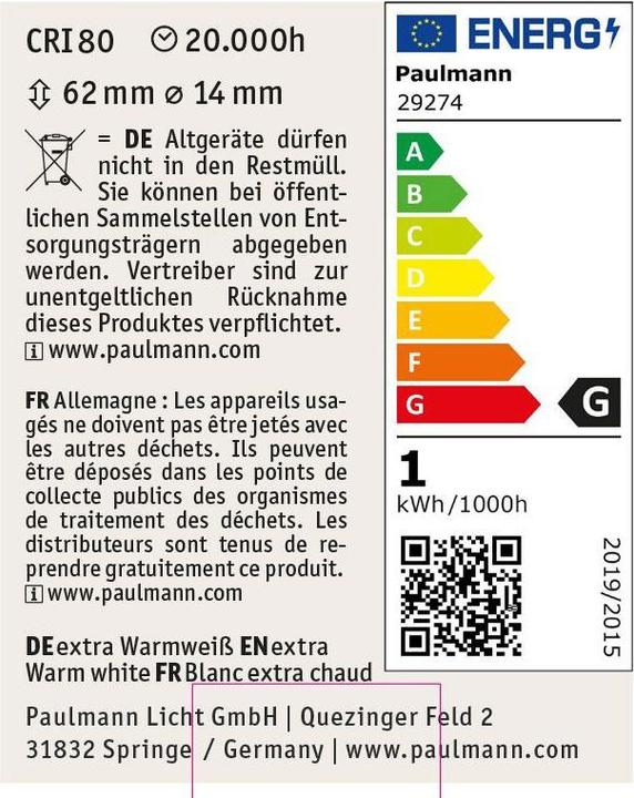 Etichetta energetica Paulmann Outdoor Plug & Shine Leuchtmittel 3er Set Naima (Connettore a bassa tensione da 5,5 mm/2,5 mm, 90 lm, 3x)