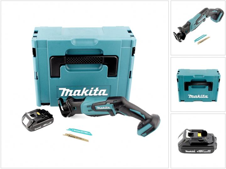 1x MAKITA DJR 183 18V cordless Recipro reciprocating saw, 2x Makita saw blade, 1x BL 1815N 18 V 1.5 Ah battery, 1x Makpac size 2 system case with insert, without charger