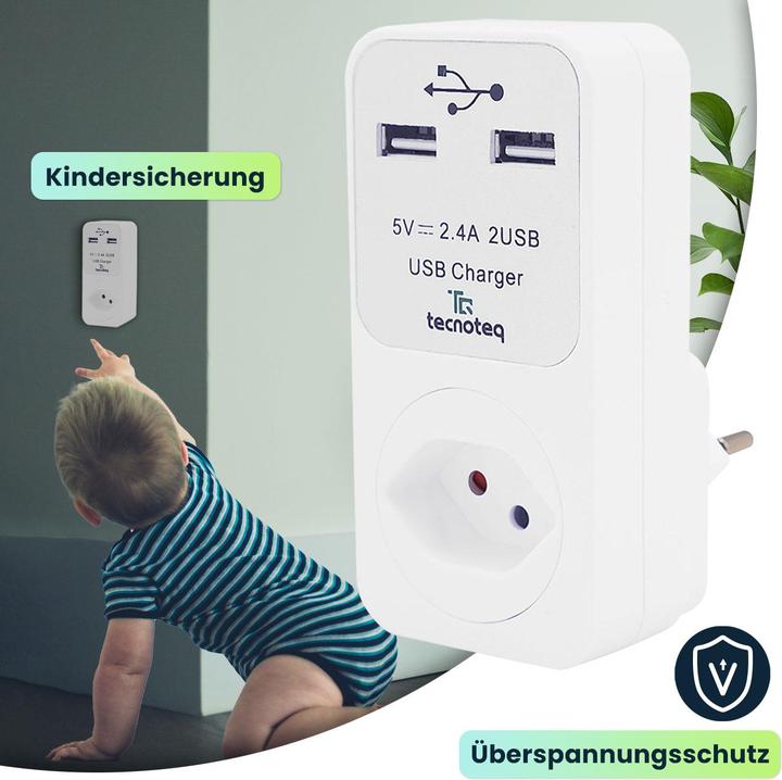 Actual product image Tecnoteq Socket outlet with 2x USB charging port 2.4A overvoltage protection, Swiss-Edition