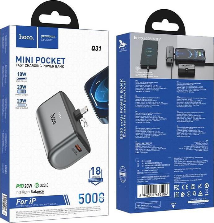 Actual product image Hoco - Q31 Ingenious PD20W Powerbank, 5000mAh, Lightning-Anschluss, tragbar, schwarz (5000 mAh, 20 W, 18.50 Wh)