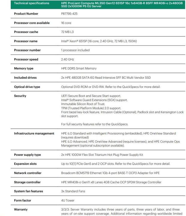 Nutritional values and ingredients HP HPE PL ML350g12 6515P (2.4/16C) 1x64G (P69728) 2x480G MR408i-o 8SFF 2x1000W 1GbE NBD333 Smart Choice (64 GB, Tower Server)