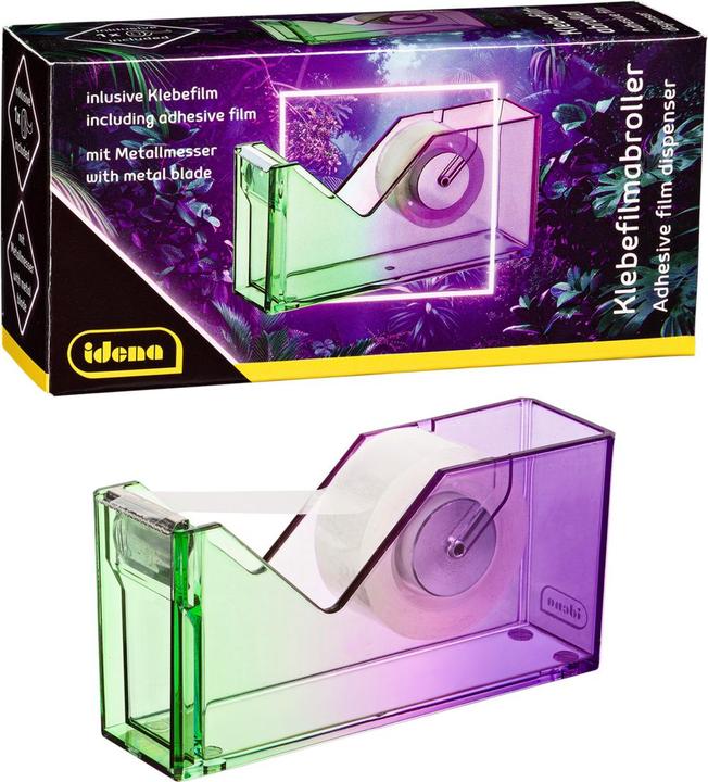 Productafbeelding Idena Klebefilmabroller Bicolor Acryl inklusive 1 Klebefilm 18mmx25m pink/grün 126x36x62mm