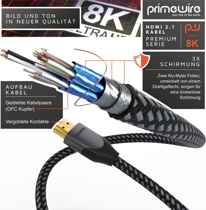 Produktbild Primewire HDMI Kabel 2.1, Typ A, 8k 7680 x 4320 @120Hz 4K @240Hz DSC, 3D, UHD II, HDR-10+, VRR, Dolby Vision (3 m, HDMI)