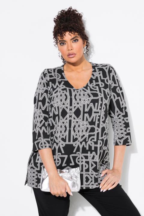 Actual product image Ulla Popken Geometric Print 3/4 Sleeve V-Neck Stretch-Fit Tee (42, 44)