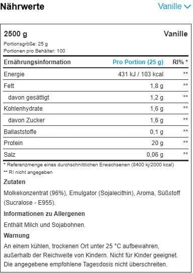 Nährwerte und Zutaten MyProtein Impact Whey Isolate (1000 g, 1x, Vanille)