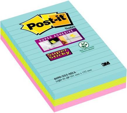 Produktbild Post-it Super Sticky Notes 152x101mm 46903SSMI Miami, 3 Farben 3x90 Blatt (152 x 101 mm)