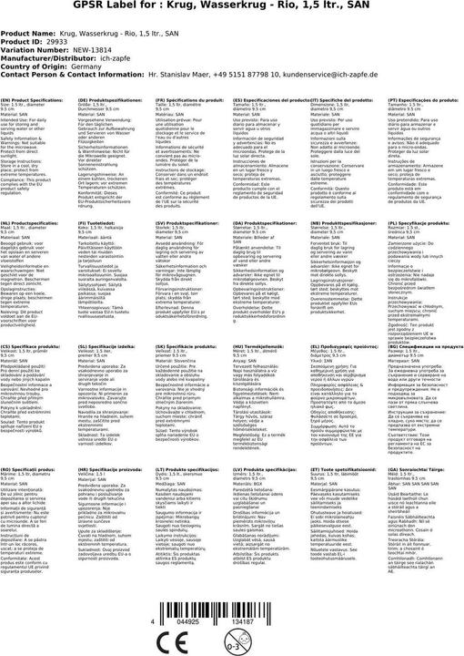 Produktbild Ich-zapfe Krug, Wasserkrug Rio, 1,5 ltr., SAN (1.50 l)