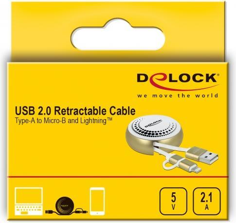 Image du produit Delock Câble USB 2.0 USB-A -Lightning/MicroB fonction auto roll, or (0.92 m, USB 2.0)