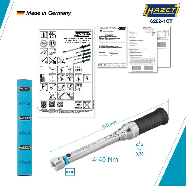 Image du produit HAZET Clé dynamométrique 6282-1CTCAL - Tolérance : 2% - Carré à insérer 9 x 12 mm (4 Nm, 40 Nm)