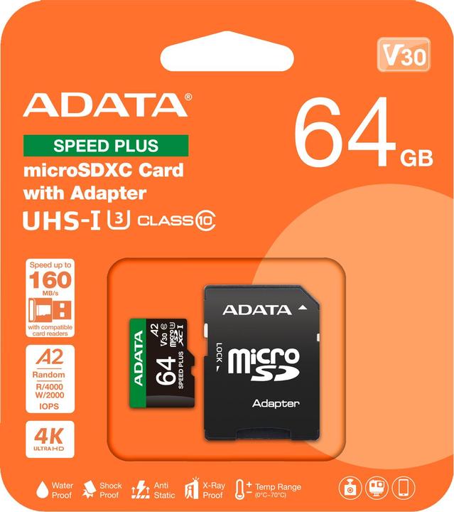 Produktbild Adata microSD 64GB Speed Plus UHS-I U3 + Adapter (64 GB, microSDXC, U3, UHS-I)