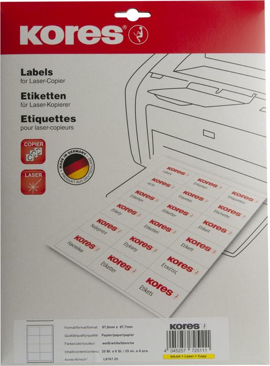 Actual product image Kores Universal labels, 97 x 67.7 mm, white, 25 sheets