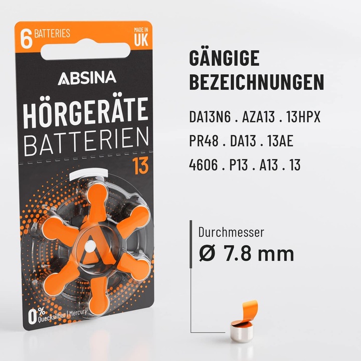 Produktbild Absina PR48 Hörgerätebatterie ZA 13 Zink-Luft 1.4 V 6 St. (6 Stk., ZA13 GP)