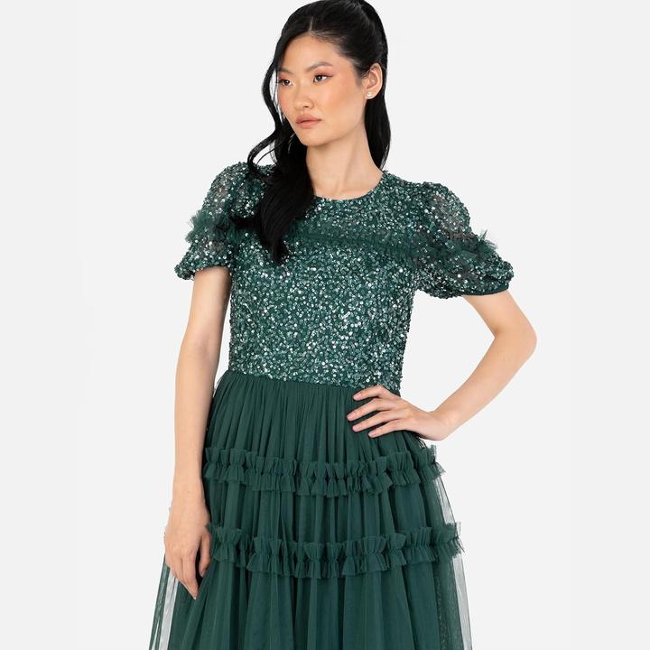 Actual product image Maya Deluxe Embellished Midi Dress with Puff Sleeves for Wedding Guest and Bridesmaid (34, 36, 38, 40, 42, 44, 46, 48, 50, 52, 54)
