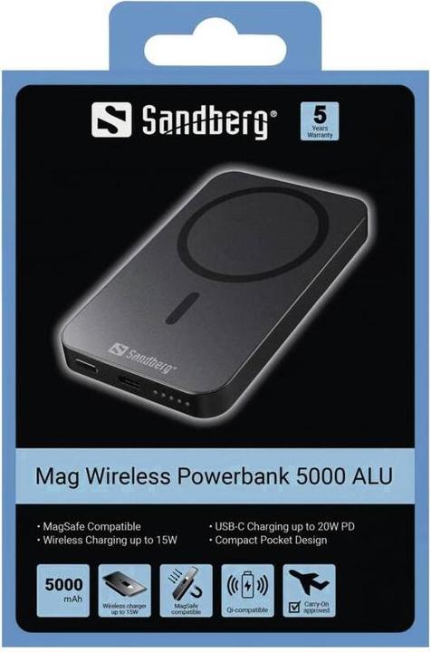 Produktbild Sandberg Mag Wireless Powerbank 5000ALU (5000 mAh, 20 W, 19.25 Wh)