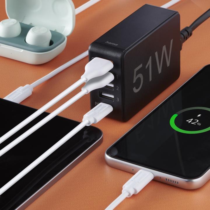 Actual product image Hama Quick charger 5 ports, 1x QC 3.0, 3x USB-A, 1x USB-C PD, 51 W, Black (51 W)
