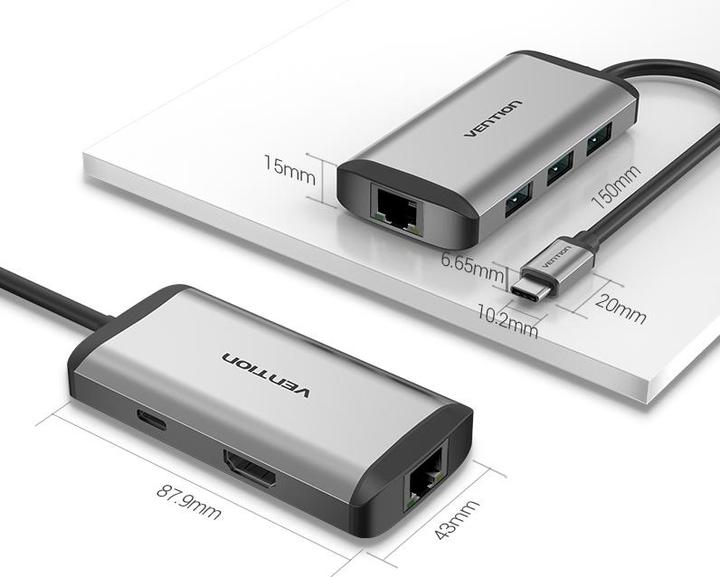 Actual product image Vention USB-C Docking Station to HDMI, 3x USB3.0, RJ45, PD 0.15m CNCHB, grey (USB-C, 5 Ports)