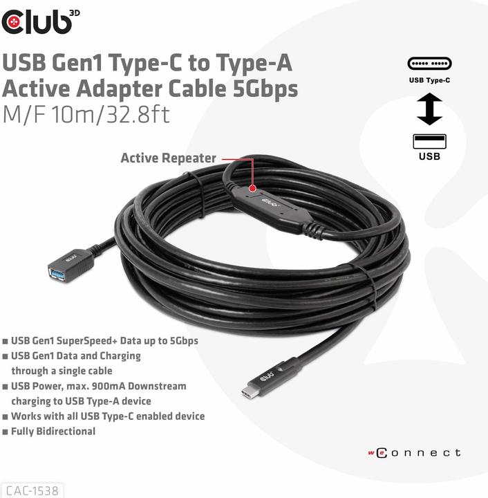 Produktbild Club 3D Club3D Kabel USB 3.2 Typ C <> USB Typ A St/Bu (10 m)