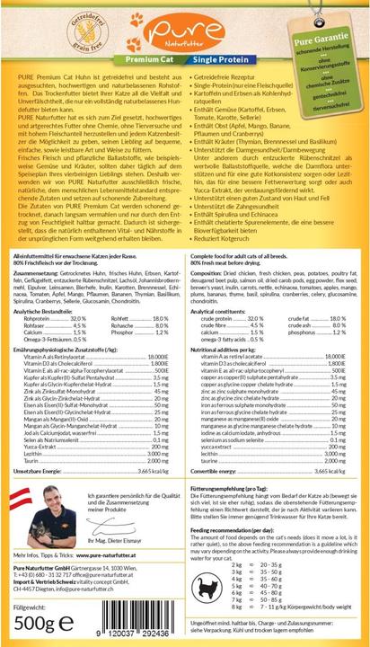 Nutritional values and ingredients Pure Naturfutter Premium Cat single protein grain-free chicken (Adult, 1 pcs., 500 g)