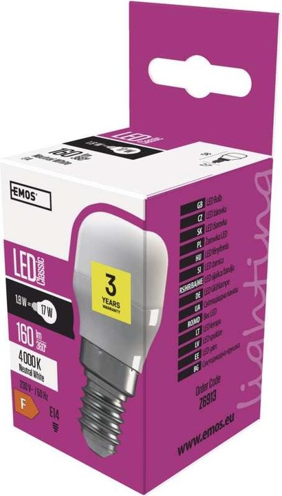 Immagine prodotto Emos Lampadina LED Classic ST26 per frigorifero / E14 / 1,8 W (17 W) / 160 lm / bianco neutro (E14, 1.80 W, 160 lm, 1 x, F)